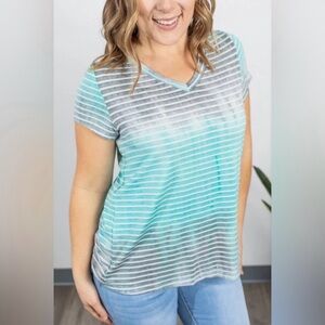 NWT Michelle Mae Turquoise & Gray Stripes Ombré Short Sleeve Tee size XS